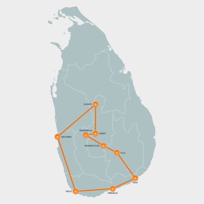 De route van de rondreis in Sri Lanka